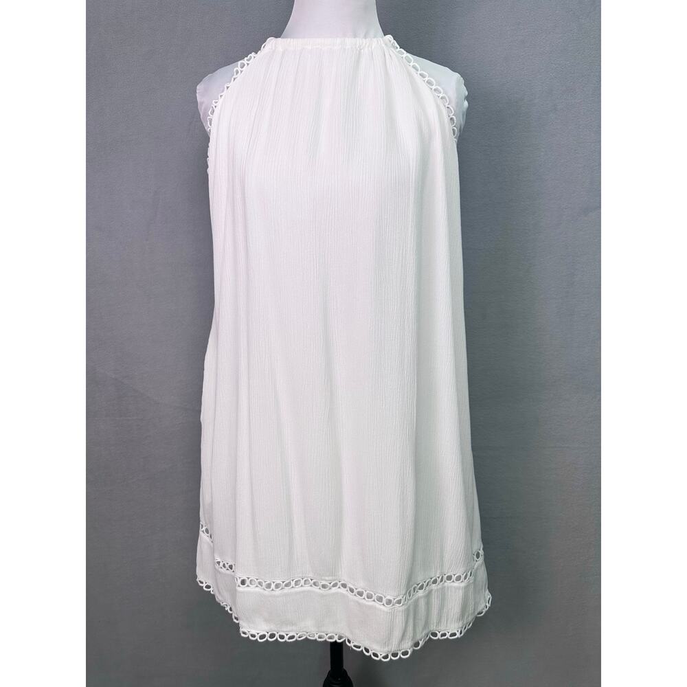 La Blanca White High Neck Cover Up Dress Crochet Trim Crinkle Fabric Size Small - Picture 3 of 10